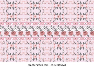 Pink Vintage Floral Pattern with Roses and Delicate Flower Stripes