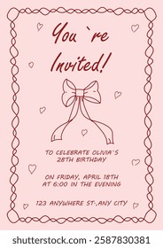 Pink Vintage Frame And Bow Outline Invitation Happy Birthday Event Poster Isolated Vector Design