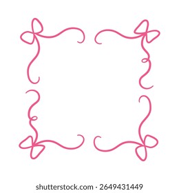 Pink vintage frame with corner bow knot. Curly ribbon line coquette style. Minimalist line art for greeting card, wedding invitation. Romantic vector design. Holiday decoration. Girly ornament