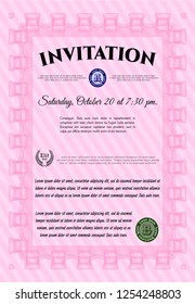 Pink Vintage invitation. With background. Money style design. Vector illustration. 