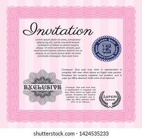 Pink Vintage invitation. Beauty design. With great quality guilloche pattern. Detailed. 