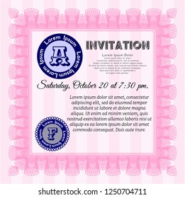 Pink Vintage invitation. With complex linear background. Detailed. Money style design. 