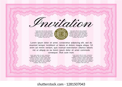 Pink Vintage invitation. With complex linear background. Vector illustration. Elegant design. 