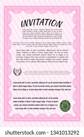 Pink Vintage invitation. With great quality guilloche pattern. Superior design. Vector illustration. 