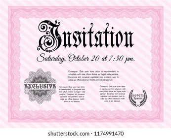 Pink Vintage invitation. With guilloche pattern. Retro design. Customizable, Easy to edit and change colors. 