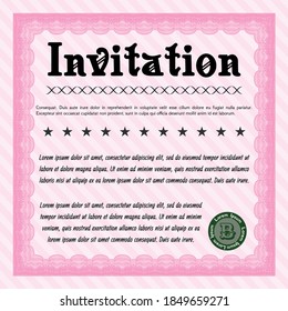 Pink Vintage invitation. Money style design. With guilloche pattern. Vector illustration. 