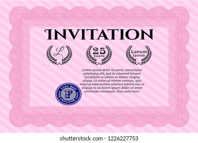 Pink Vintage invitation. Printer friendly. Modern design. Detailed. 