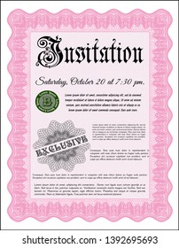 Pink Vintage invitation. Printer friendly. Money style design. Detailed. 