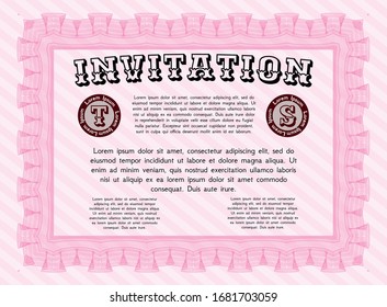 Pink Vintage invitation. Retro design. Vector illustration. With guilloche pattern and background. 