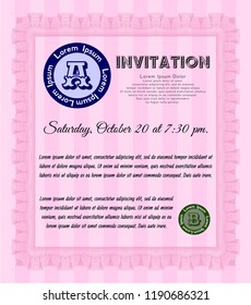 Pink Vintage invitation. Superior design. Vector illustration. With guilloche pattern and background. 