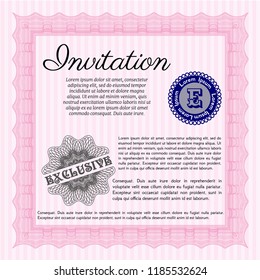 Pink Vintage invitation template. With complex background. Lovely design. Detailed. 