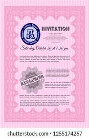 Pink Vintage invitation template. Cordial design. Vector illustration. With guilloche pattern and background. 