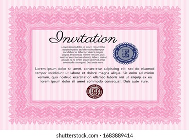 Pink Vintage invitation template. Customizable, Easy to edit and change colors. With guilloche pattern. Lovely design. 