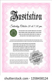 Pink Vintage invitation template. Detailed. Easy to print. Beauty design. 