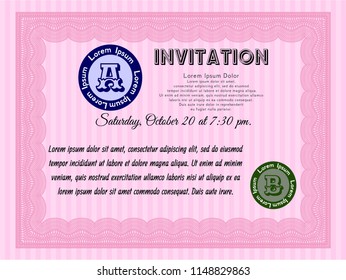 Pink Vintage invitation template. With great quality guilloche pattern. Vector illustration. Retro design. 