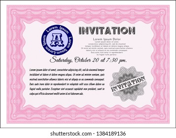 Pink Vintage invitation template. With great quality guilloche pattern. Good design. Vector illustration. 