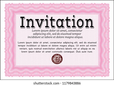 Pink Vintage invitation template. With guilloche pattern and background. Vector illustration. Money Pattern design. 