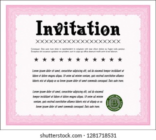 Pink Vintage invitation template. With guilloche pattern and background. Detailed. Nice design. 