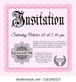 Pink Vintage invitation template. With linear background. Detailed. Excellent design. 