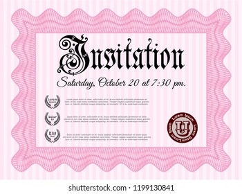 Pink Vintage invitation template. Money design. Easy to print. Detailed. 