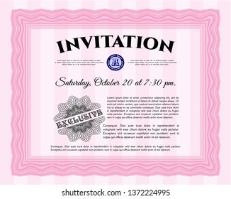 Pink Vintage invitation template. Superior design. With great quality guilloche pattern. Customizable, Easy to edit and change colors. 