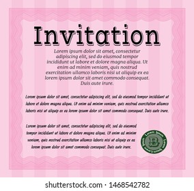 Pink Vintage invitation template. Superior design. Detailed. With linear background. 