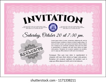 Pink Vintage invitation template. Vector illustration. With great quality guilloche pattern. Elegant design. 