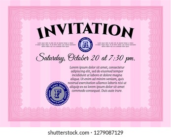 Pink Vintage invitation template. Vector illustration. With great quality guilloche pattern. Money Pattern. 