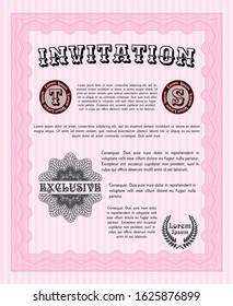 Pink Vintage invitation template. Vector illustration. With guilloche pattern. Retro design. 