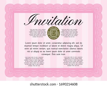 Pink Vintage invitation template. Vector illustration. With complex linear background. Sophisticated design. 