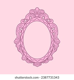 Pink vintage photo frame decoration. Round victorian border for text and pictures. Coquette aesthetic template for card, poster, collage design. Cute vector graphic.