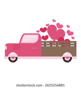 Pink vintage pickup truck carrying many hearts for valentine's day celebration