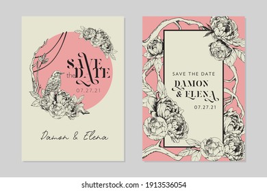 Pink Vintage Retro Style Peonies Flower Floral Wedding Invitations. 