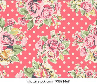 pink vintage rose pattern on red dot background