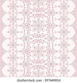 Pink vintage seamless border on a light pink background. Colored element for design in Eastern style. Vintage pattern for invitations, birthday, greeting cards, wallpaper. Traditional floral decor.