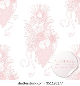 Pink vintage seamless pattern of flowers (orchids, roses, artichokes, peacock feather). Vector illustration.