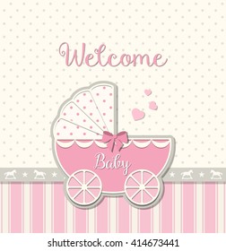 pink vintage stroller on abstract background in srapbooking style, with polka dot and striped texture, baby shower, vector illustration, eps 10 with transparency
