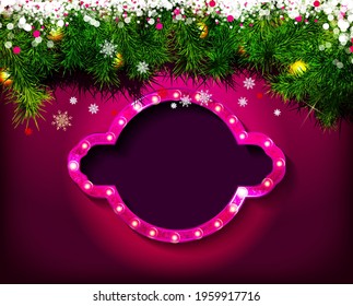 Pink vintage style frame with space for your text. Fir branches and snowflakes. New Year's card template. Vector illustration.