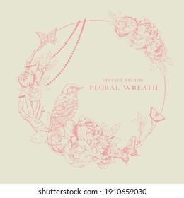 Pink Vintage Style Vector Florals, Flowers, Bontanical Wreath with Bird, Butterflies and Branches. Wedding, Birthday Invitation, Decorative, etc., use. 