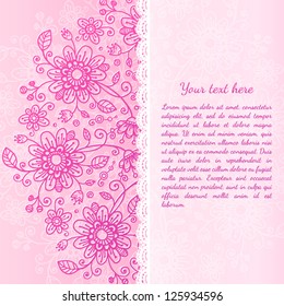 Pink vintage Valentine's Day doodle flowers greeting card background