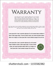 Pink Vintage Warranty Certificate template. Detailed. With quality background. Nice design. 