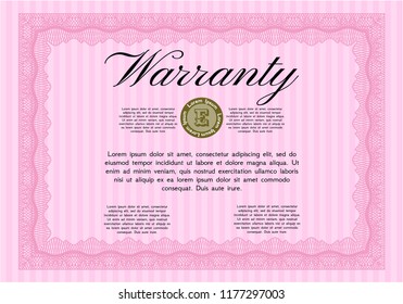 Pink Vintage Warranty Certificate template. Retro design. With guilloche pattern. Customizable, Easy to edit and change colors. 