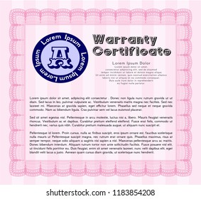 Pink Vintage Warranty Certificate template. Elegant design. Detailed. With complex background. 