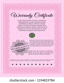 Pink Vintage Warranty Certificate template. Elegant design. Vector illustration. With guilloche pattern. 