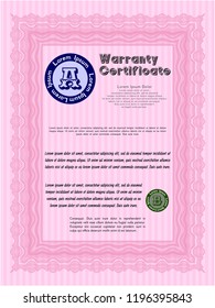 Pink Vintage Warranty Certificate template. Money design. Detailed. Complex background. 