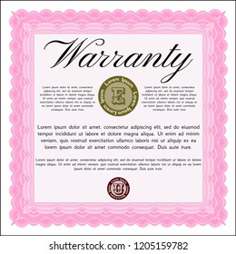 Pink Vintage Warranty Certificate template. With complex linear background. Artistry design. Detailed. 