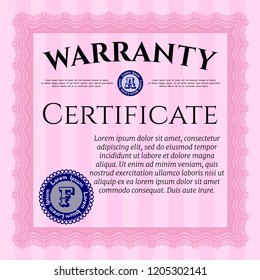 Pink Vintage Warranty Certificate template. Detailed. Printer friendly. Retro design. 