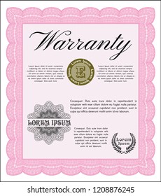 Pink Vintage Warranty Certificate template. With background. Money design. Detailed. 