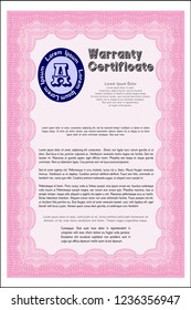 Pink Vintage Warranty Certificate template. Retro design. With great quality guilloche pattern. Customizable, Easy to edit and change colors. 