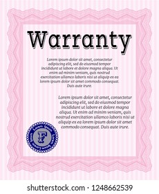 Pink Vintage Warranty Certificate template. Beauty design. Printer friendly. Vector illustration. 